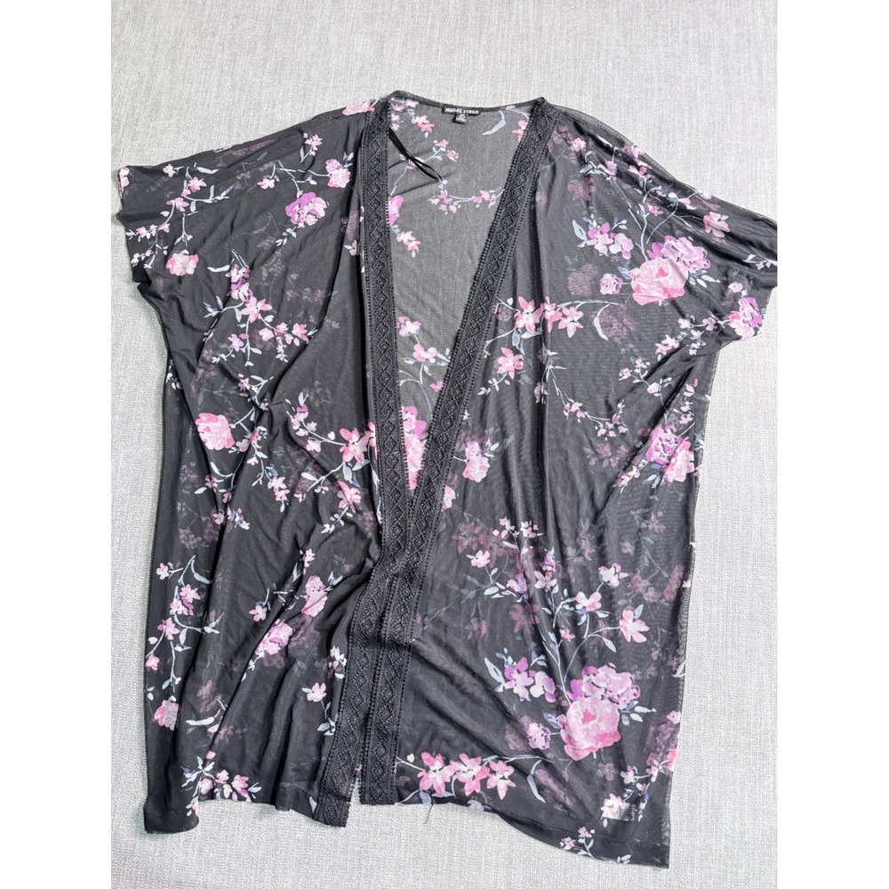 Moral Fiber Womens 2X Black Pink Floral Mesh Kimono Lace Open Front Cardigan